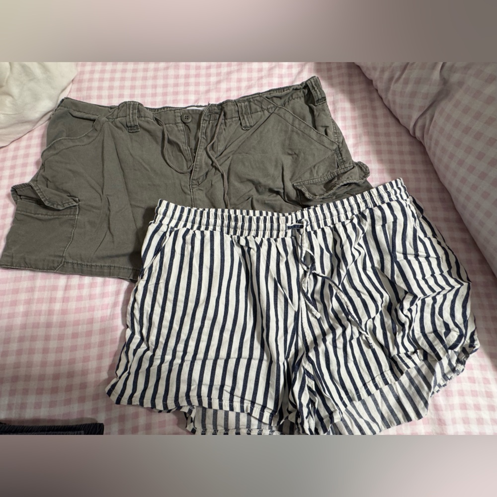 Striped Navy & White Shorts + Olive Green Cargo Shorts Set